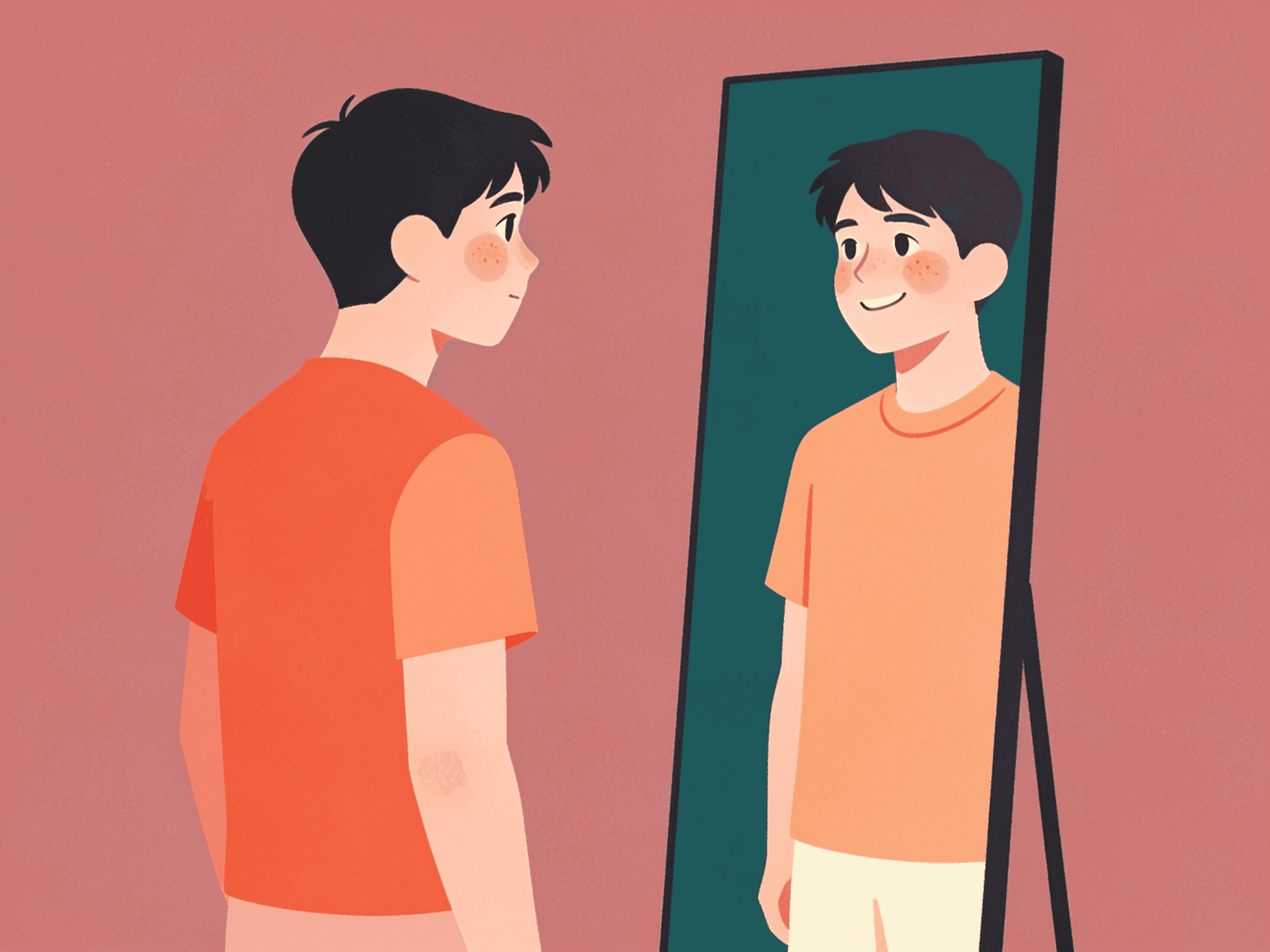 A student seeing a confident reflection of himself in a mirror illustration
