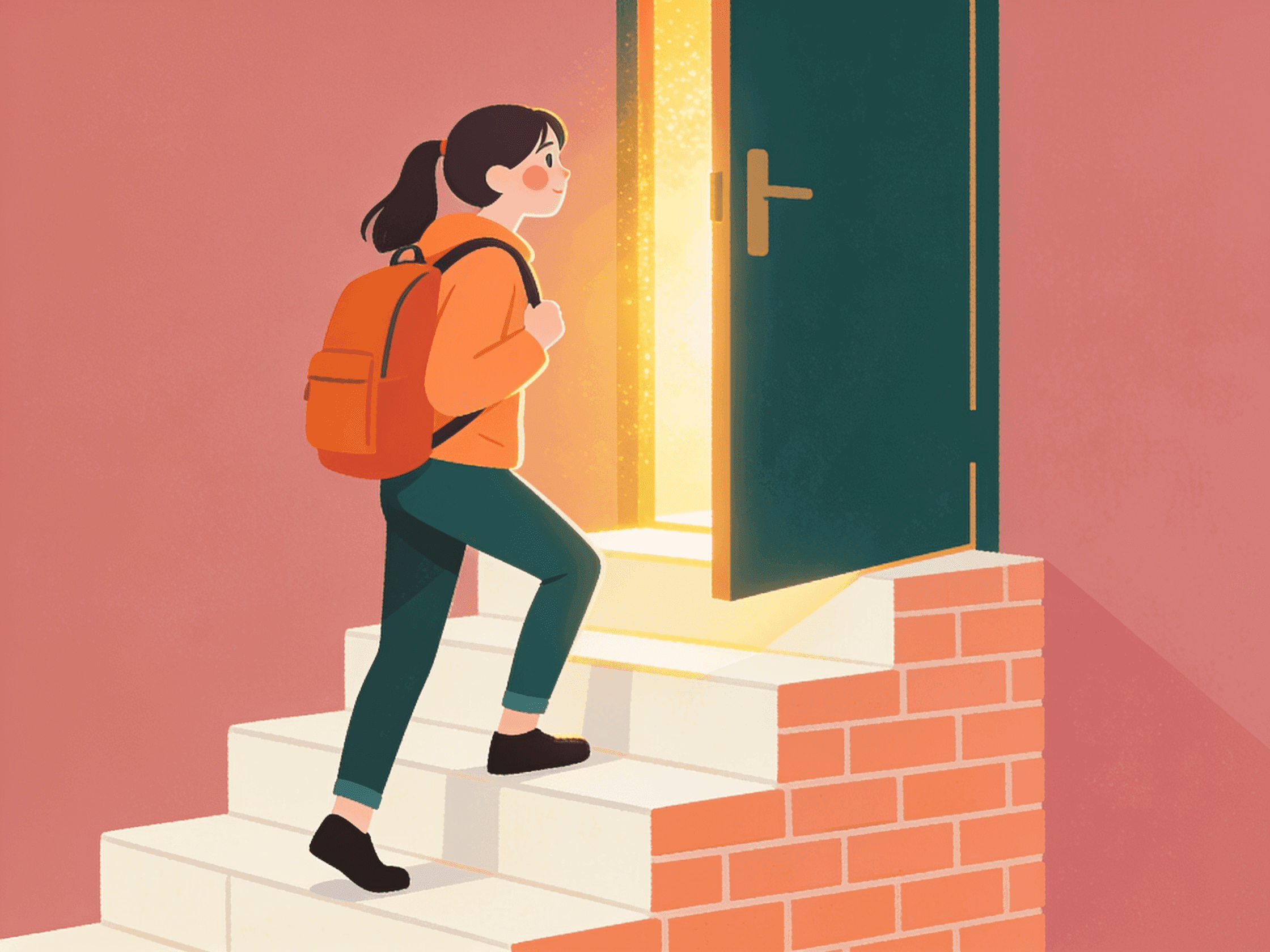A student climbing steps toward a bright open door illustration