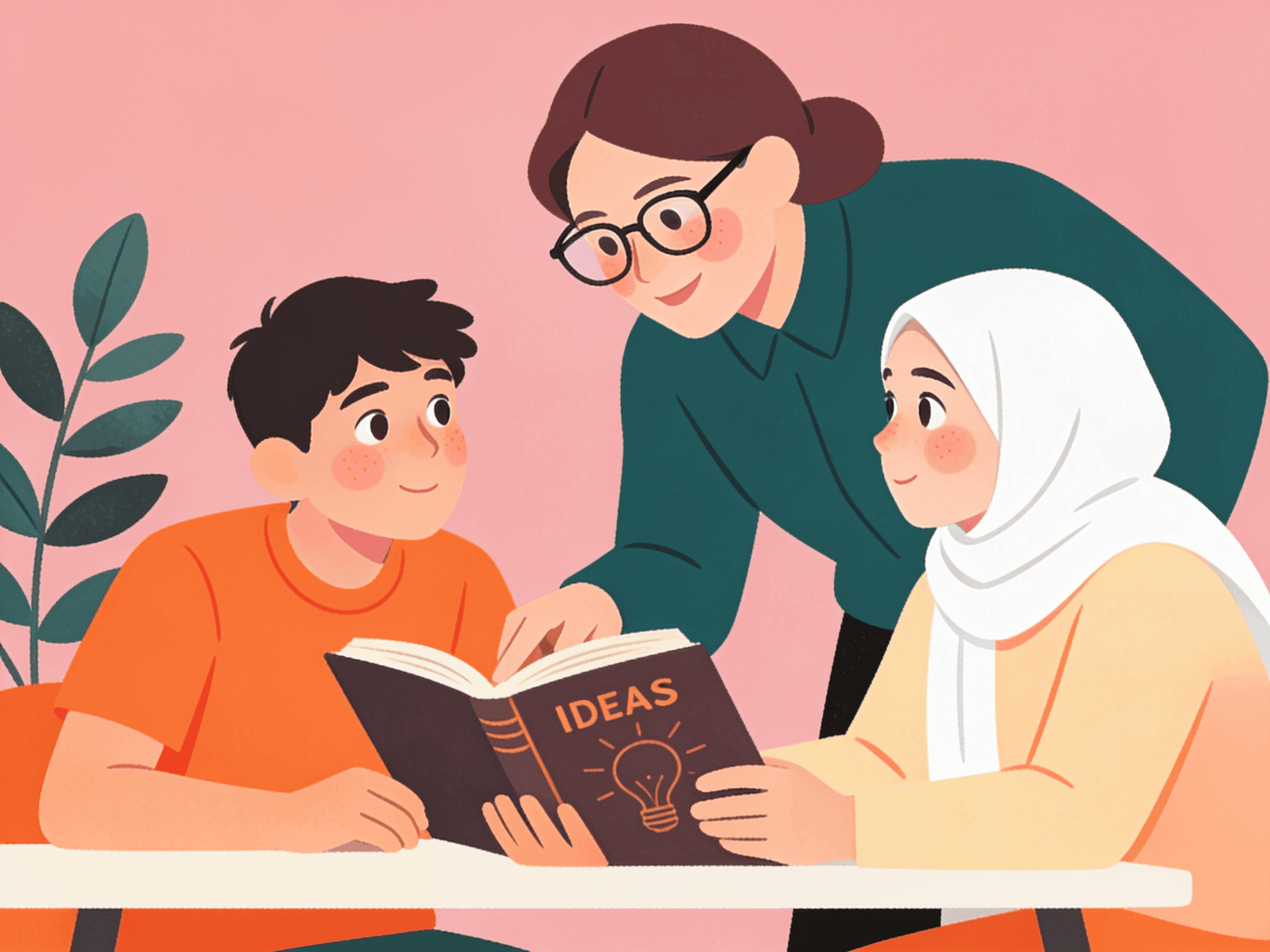 A mentor sharing a book of ideas with two curious students illustration