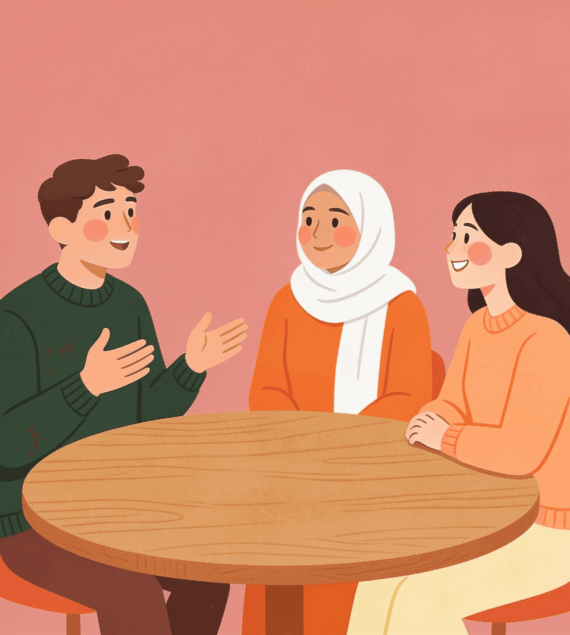 Three people talking together around a table illustration