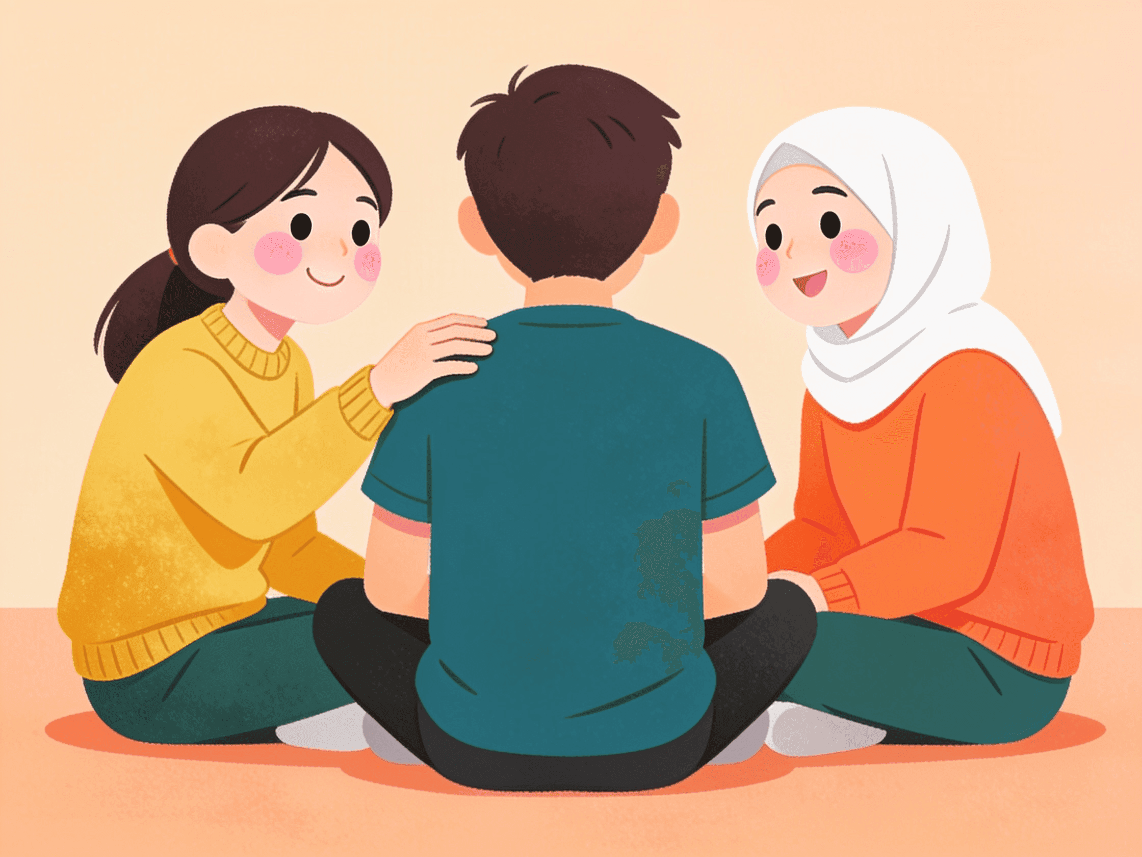 Young people sitting in a circle, one supporting another with a hand on the shoulder illustration