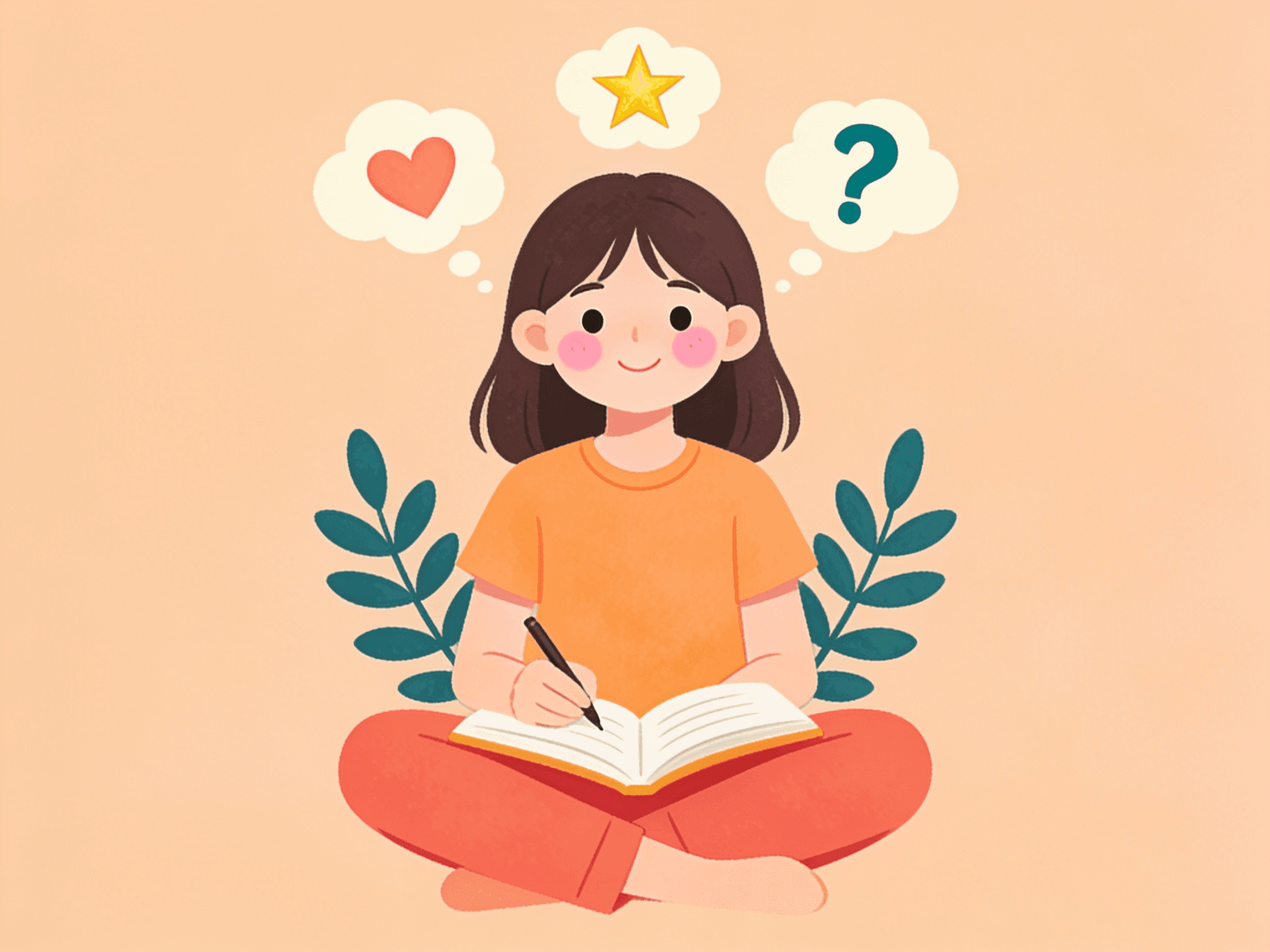 A young person journaling and reflecting on their thoughts and feelings illustration