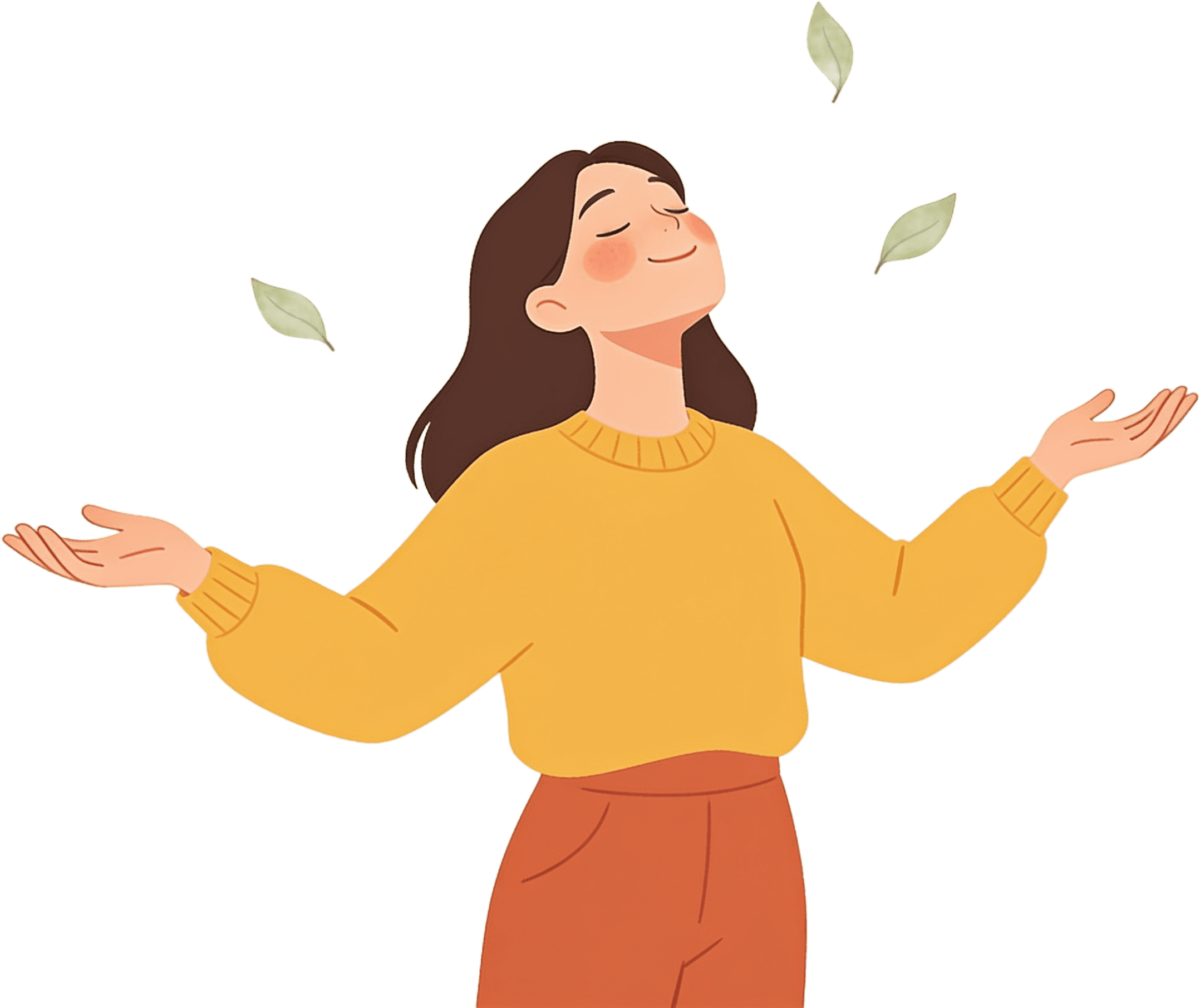 A woman standing with her arms open and her chin lifted, leaves drifting around her illustration