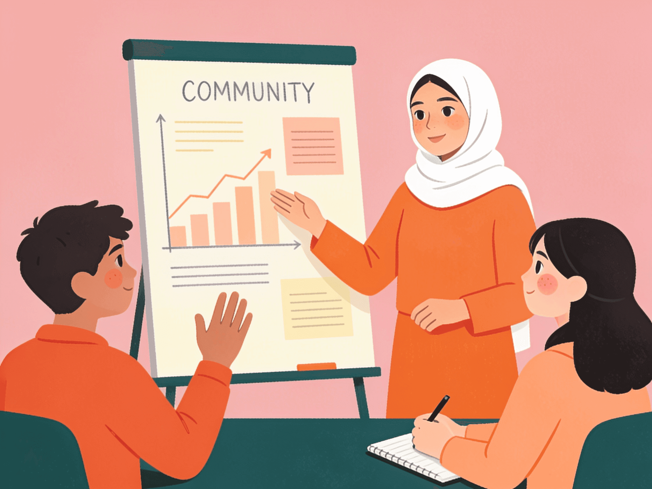 A young person presenting a community project to engaged peers illustration