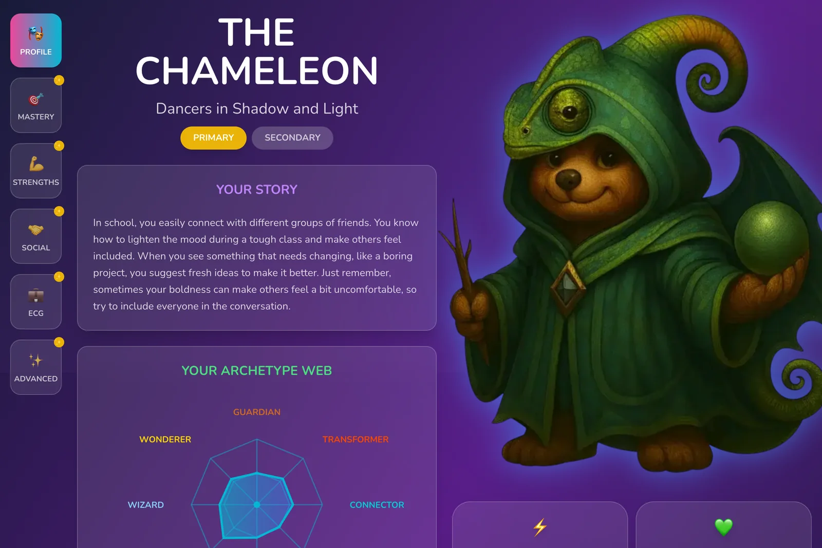Sample student report showing the Chameleon archetype, a personal story, and an archetype web chart